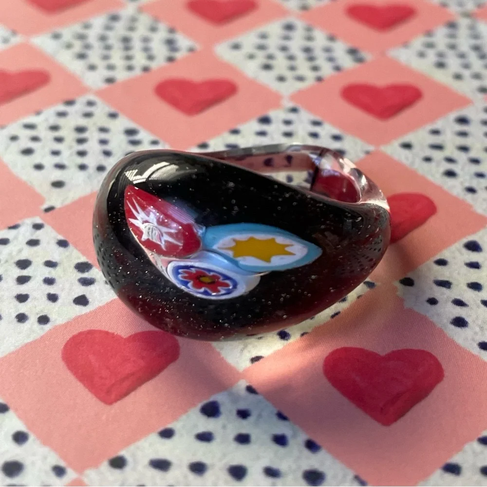 Vintage art glass millefiori trio dome ring sommerso purple sz 4.75